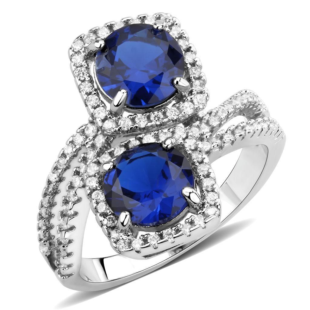 JCE1600 Rhodium Brass Ring with AAA Grade CZ  in London Blue