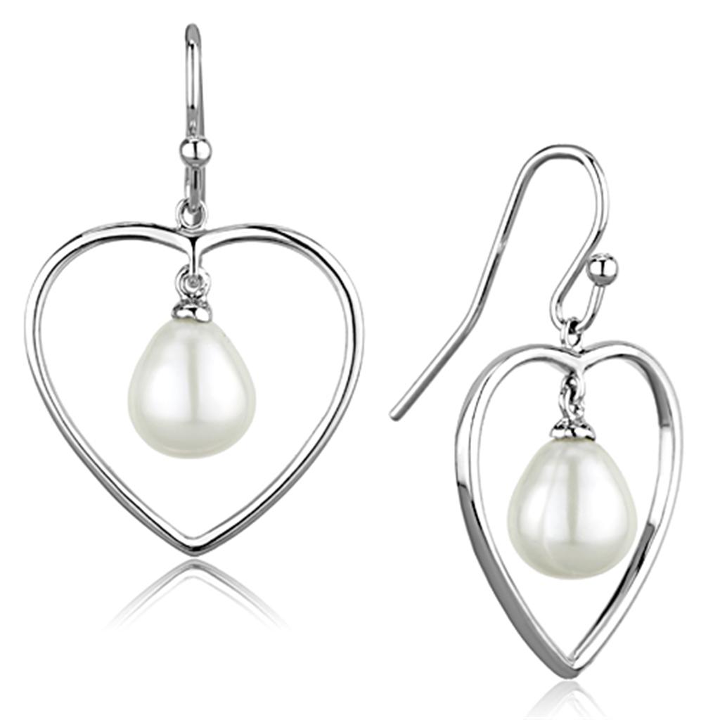 JCE630 Rhodium Brass Earrings with Semi-Precious Pearl in White