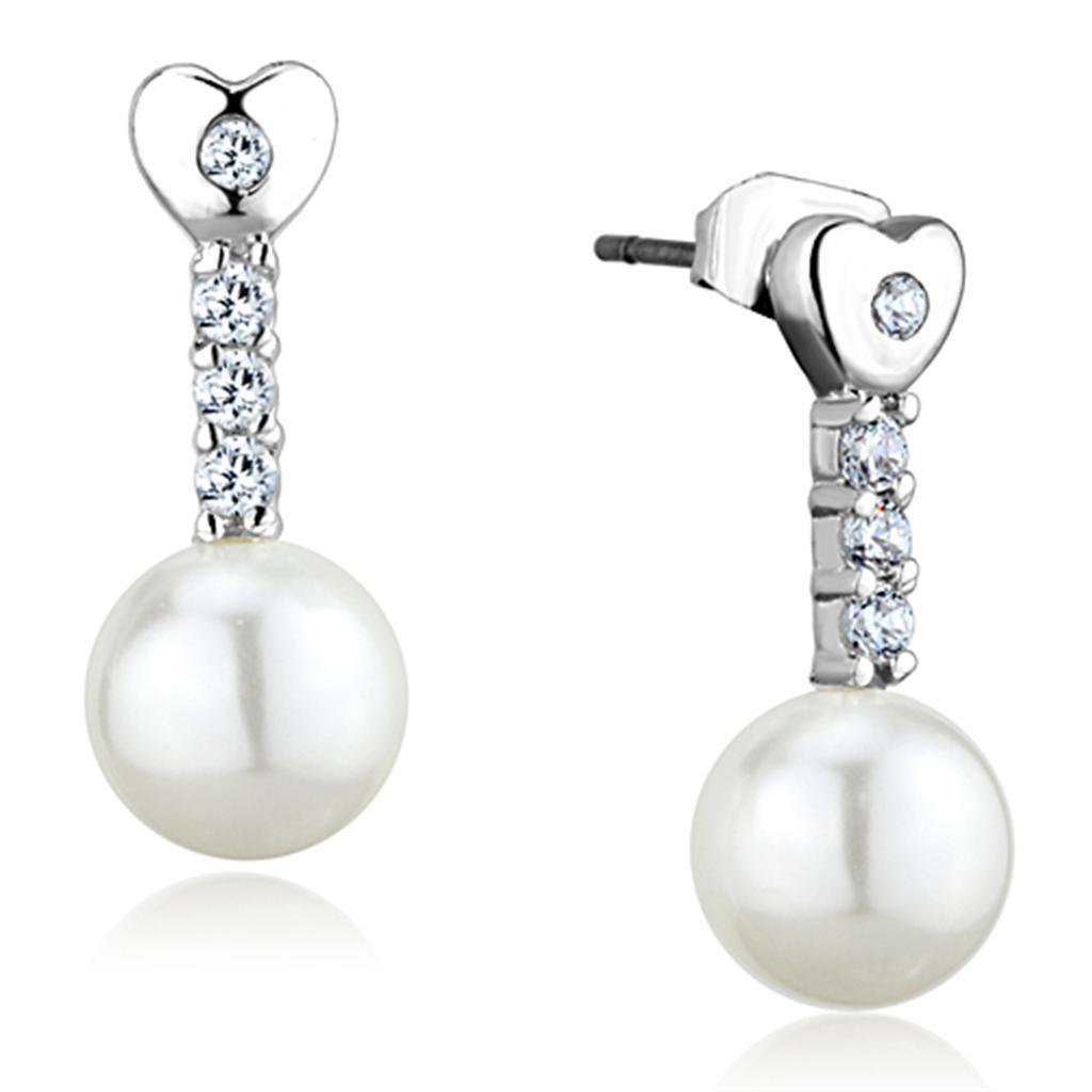 JCE675 Rhodium Brass Earrings with Synthetic Pearl in White