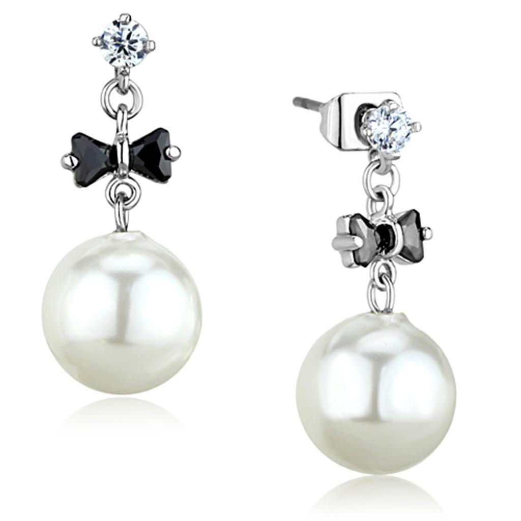 JCE676 Rhodium Brass Earrings with Synthetic Pearl in White