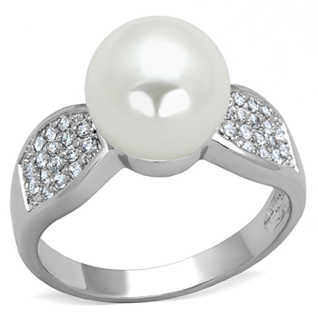 JCE761 Rhodium Brass Ring with Synthetic Pearl in White