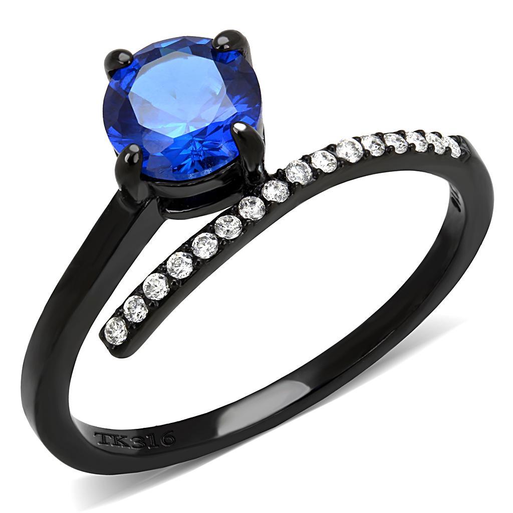 JCE038 IP Black(Ion Plating) Stainless Steel Ring with Synthetic Spinel in London Blue