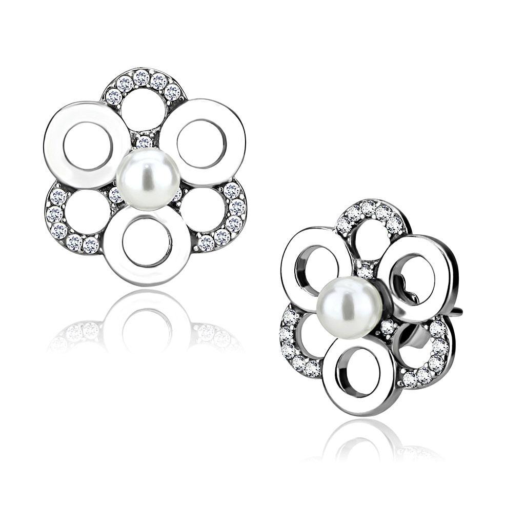 JCE214 High polished (no plating) Stainless Steel Earrings with Synthetic Pearl in White