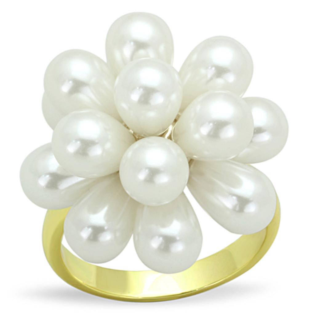 JCE3286 Gold Brass Ring with Synthetic Pearl in White
