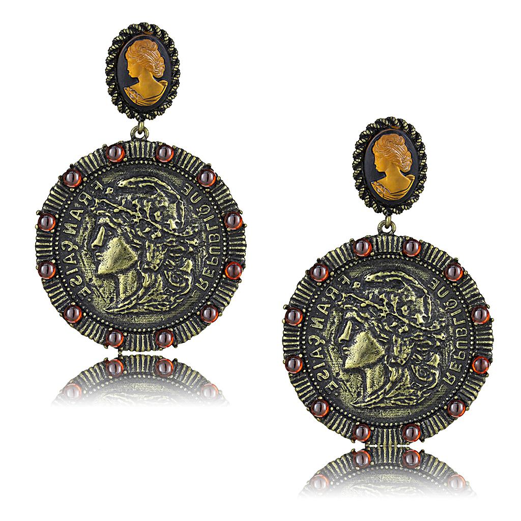 JCE4190 Antique Copper Brass Earrings with Synthetic Synthetic Stone in Smoked Quartz