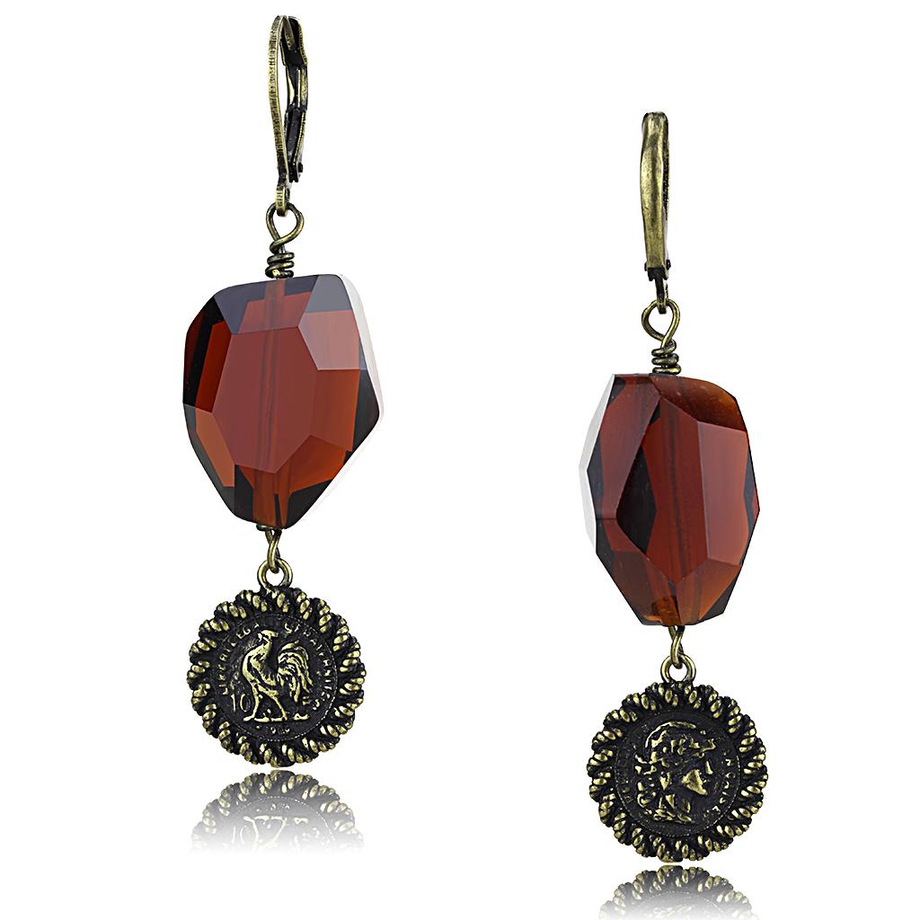 JCE4193 Antique Copper Brass Earrings with Synthetic Synthetic Glass in Garnet