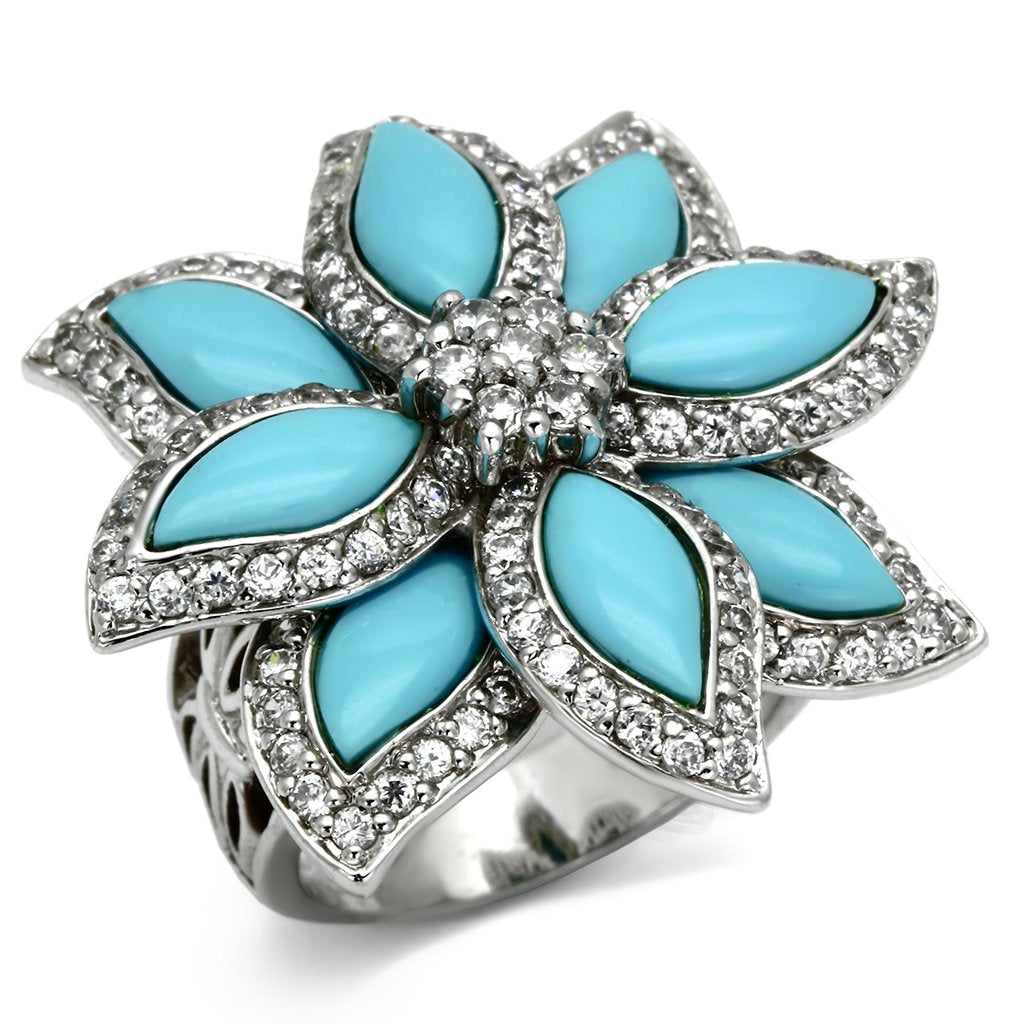 JCES557 Rhodium 925 Sterling Silver Ring with Synthetic Turquoise in Sea Blue