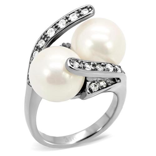 JCE113 High polished (no plating) Stainless Steel Ring with Synthetic Pearl in White