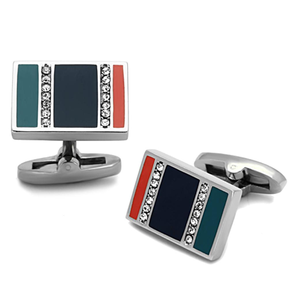 JCE1245 High polished (no plating) Stainless Steel Cufflink with Top Grade Crystal  in Clear