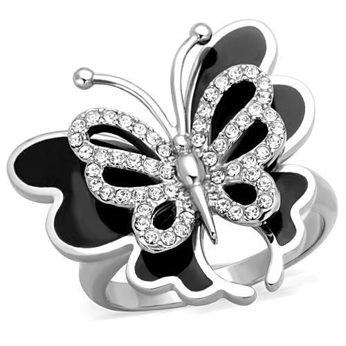 JCE1676 High polished (no plating) Stainless Steel Ring with Top Grade Crystal  in Clear