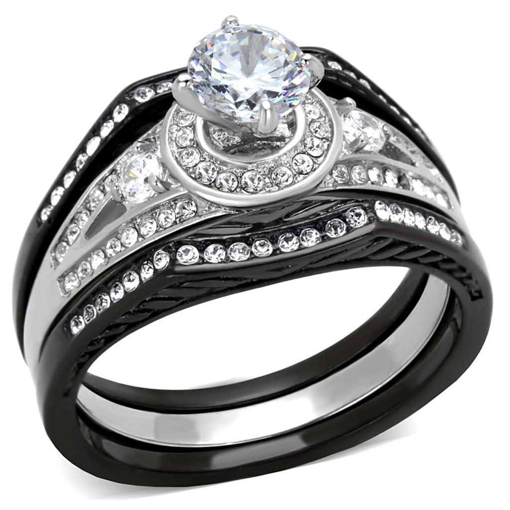JCE2044 Two-Tone IP Black Stainless Steel Ring with AAA Grade CZ  in Clear
