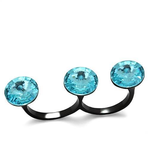 JCE2103 IP Black(Ion Plating) Stainless Steel Ring with Top Grade Crystal  in Sea Blue
