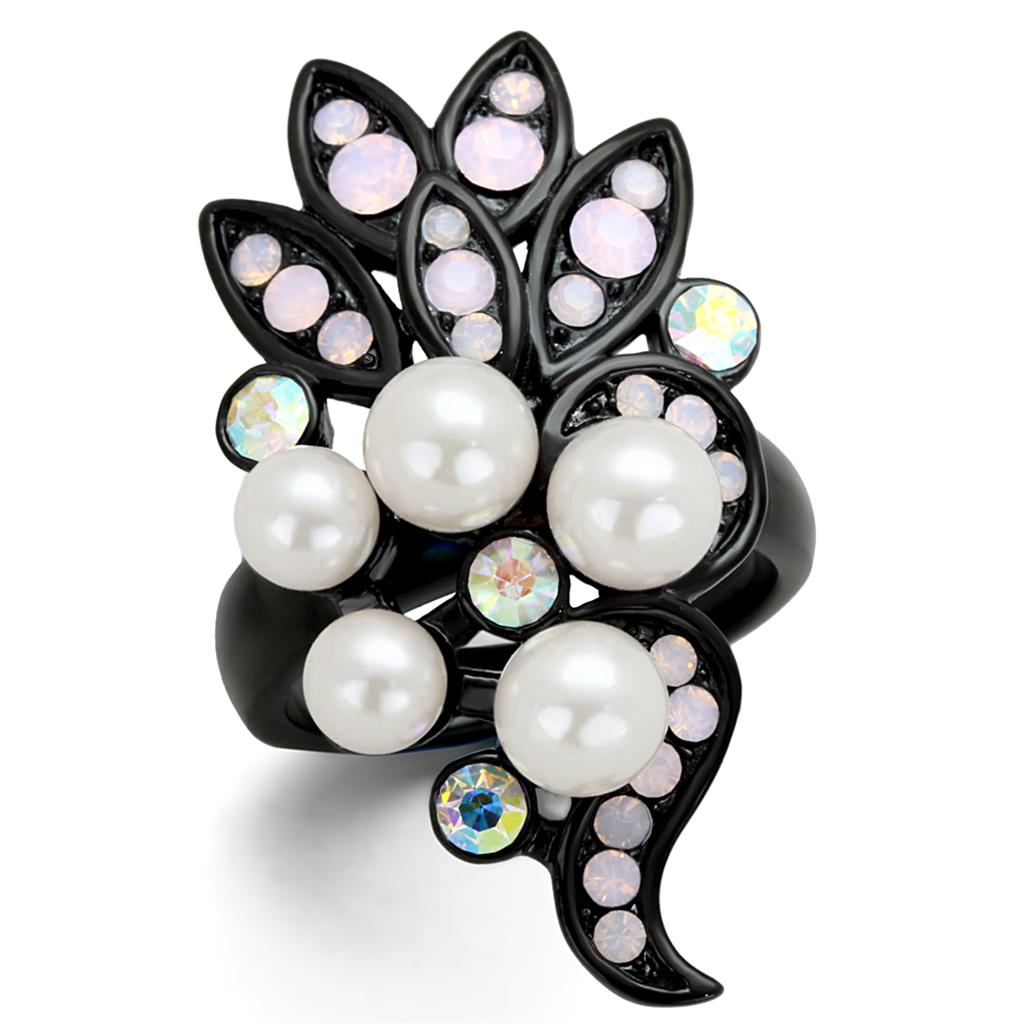 JCE2138 IP Black(Ion Plating) Stainless Steel Ring with Synthetic Pearl in Light Rose