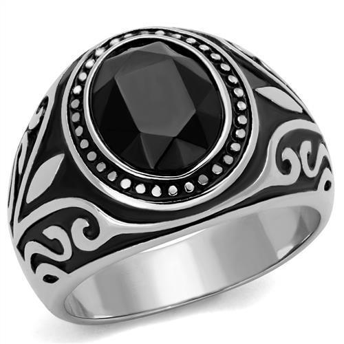 JCE2231 High polished (no plating) Stainless Steel Ring with Top Grade Crystal  in Jet