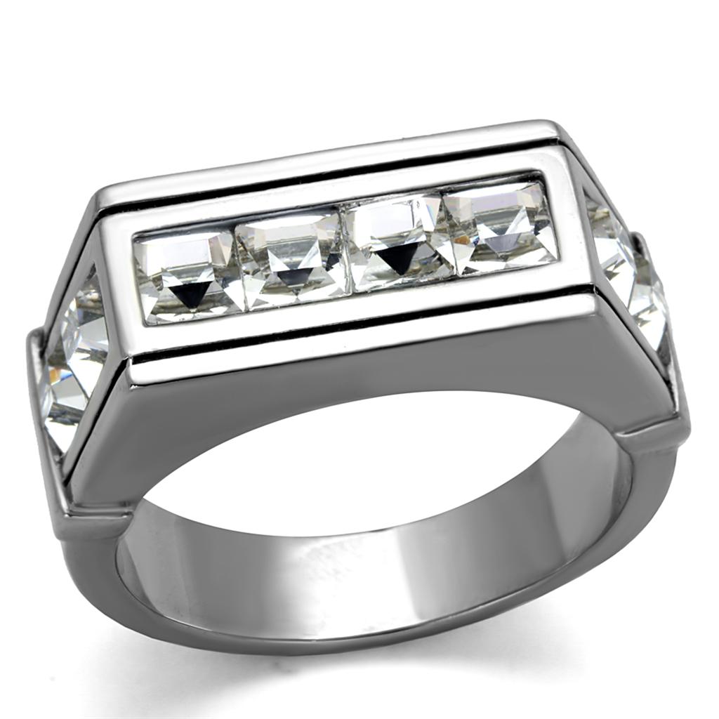 JCE2376 High polished (no plating) Stainless Steel Ring with Top Grade Crystal  in Clear