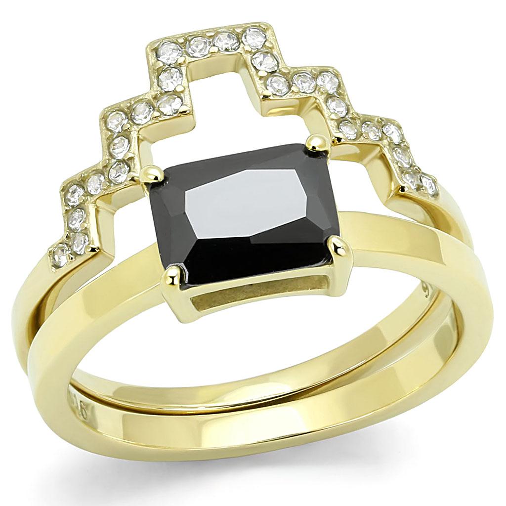 JCE3127 IP Gold(Ion Plating) Stainless Steel Ring with AAA Grade CZ  in Black Diamond