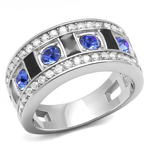 JCE3141 High polished (no plating) Stainless Steel Ring with Top Grade Crystal  in Sapphire