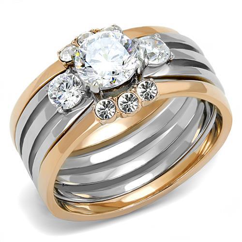 JCE3212 Two-Tone IP Rose Gold Stainless Steel Ring with AAA Grade CZ  in Clear