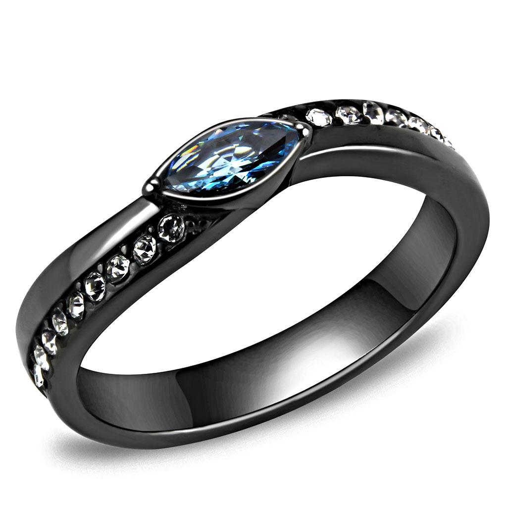 JCE3511 IP Light Black  (IP Gun) Stainless Steel Ring with AAA Grade CZ  in Sea Blue