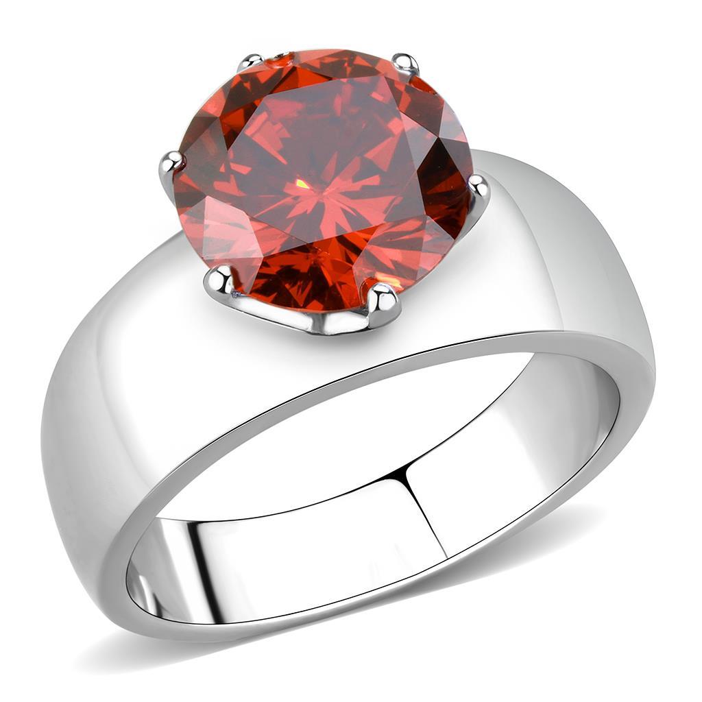 JCE52001 High polished (no plating) Stainless Steel Ring with AAA Grade CZ  in Garnet